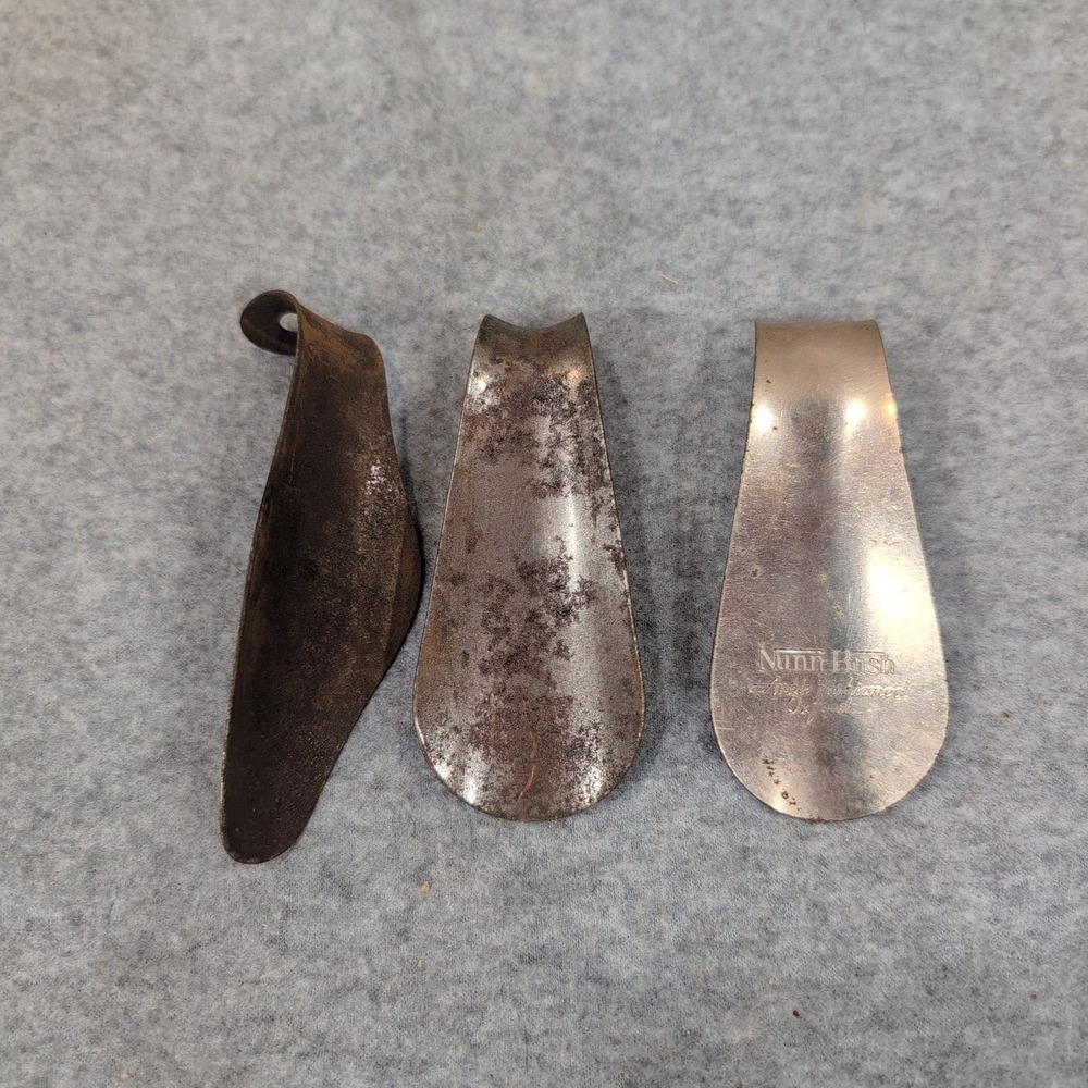 Vtg Nunn Bush Metal Shoe Horn Set 3 Piece Antique Steel Shoehorns Brown Silver - Picture 1 of 3